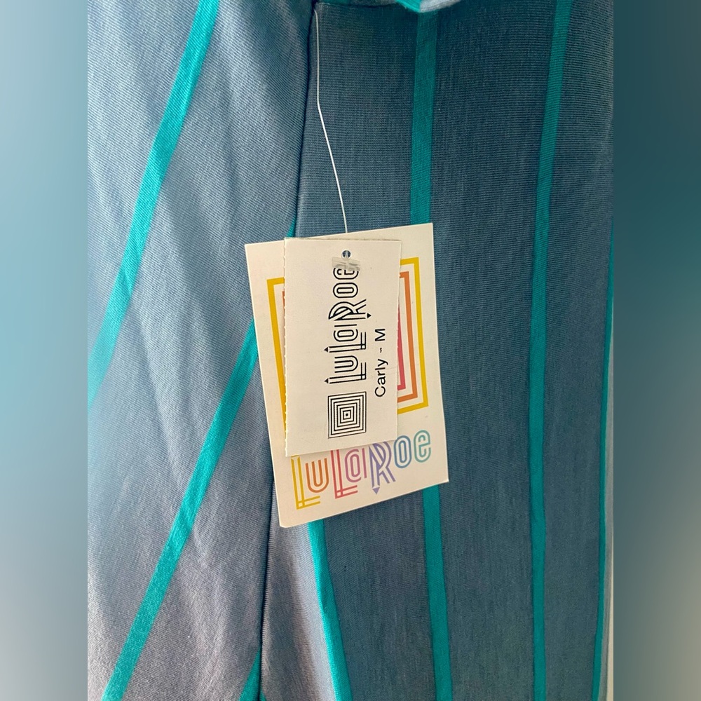 LuLaRoe Carly Dress Gray with Blue Vertical Stripes - Picture 4 of 7